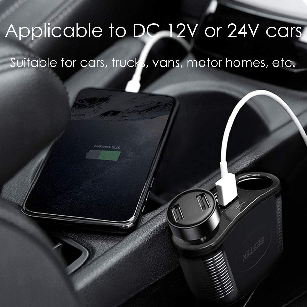 BESTEK 2-Socket Cigarette Lighter Car Charger Power Adapter DC Outlet Splitter with 3.1A Dual USB Ports for iPhone iPad Samsung Galaxy Android Smartphone and More - Image 4
