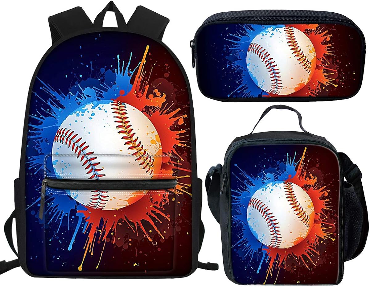 Showudesigns 3PCS Schoolbag Set Baseball Print 15.6 inch Kids Backpack