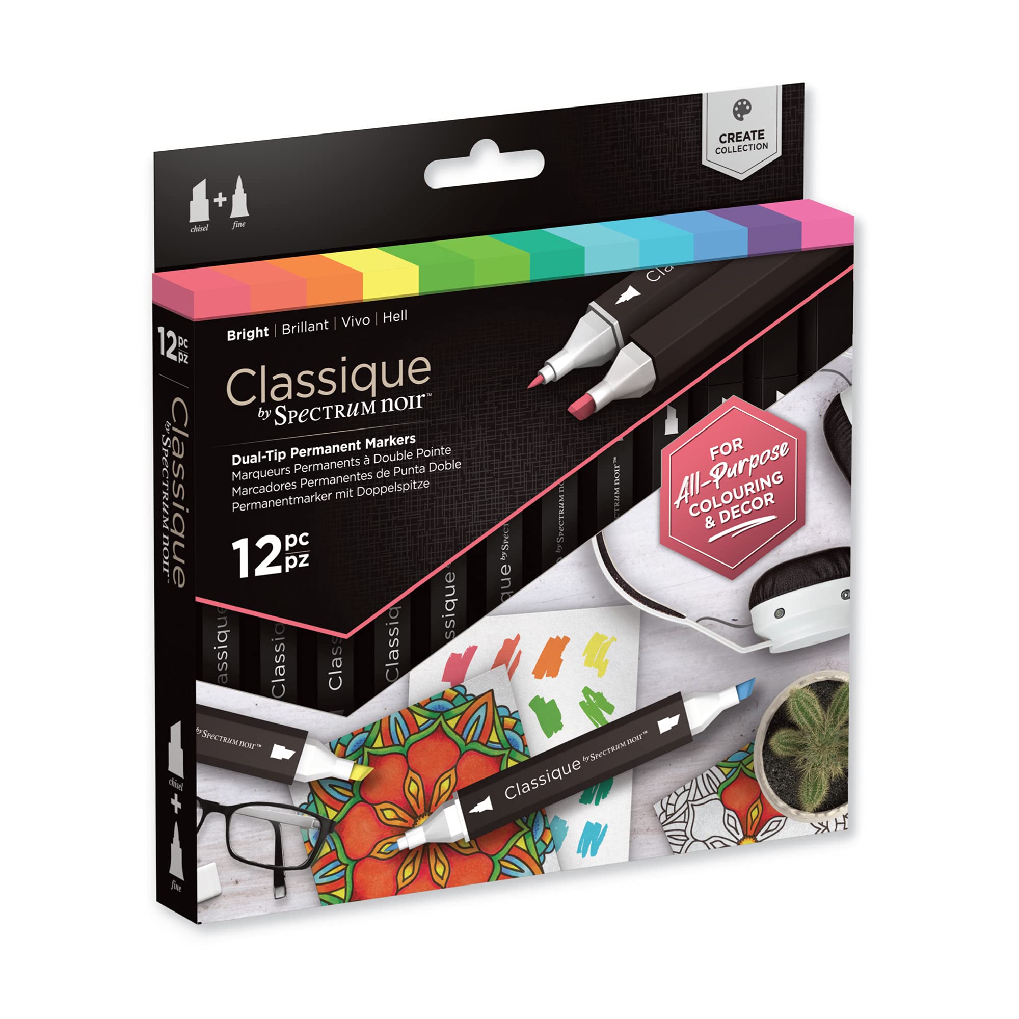 Crafter's Companion Spectrum Noir Classique Blend Twin Tip Blendable Alcohol Based Marker Set with Japanese Nibs - Pack of 12 - Perfect for Colouring, Drawing & Illustration (Brights Pack) โ image 1