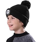 MELASA Hat with Light for Kids, Boys Girls Headlamp Beanie Winter Hat with Pom-Pom, Christmas Stocking Cap Stuffers Gifts