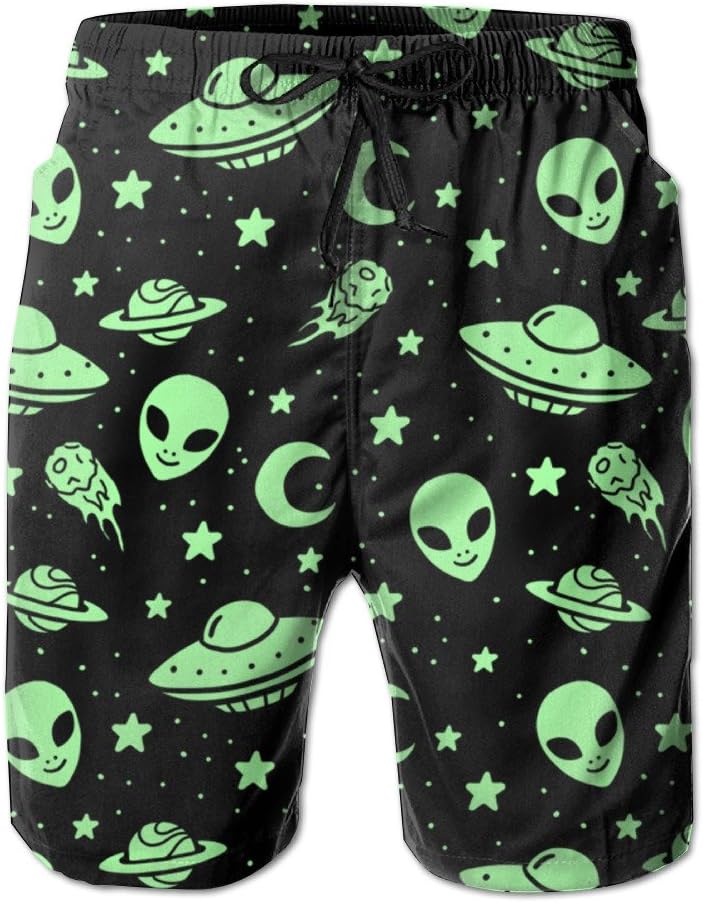 Men's Quick Dry Graphic Green Aliens and Spaceships UFO Pattern Beach Short Pants