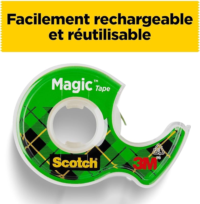 Magic Tape, Rouleaux de Ruban Adhésif Transparent avec Dévidoir, Lot de 3, Ruban de 19mm x 7.5m - Idéal pour le Bureau et l'École
