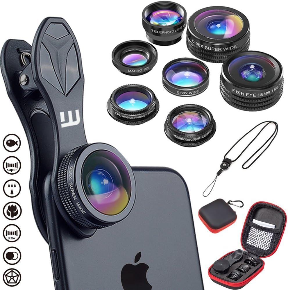 Clip-on Lens Kit 7 in 1, Whyzyv Smartphone & iPhone Camera Lens kit. Super Wide Angle, Fisheye, Macro, Kaleidoscope, CPL, Zoom, Wide 0.63x + Neck Lanyard. Cell Phone Camera Lens for iPhone, Samsung.