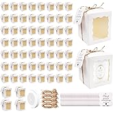 TANEMUDO 60 Set Candle Gift Box with Transparent Window for 4-10 oz Candles 3.35x3.35x3.94 in Gift Packaging with 60 Tags 4 Hemp Rope and 1 Ribbon for Wedding Birthday Baby Shower Party Favor(White)