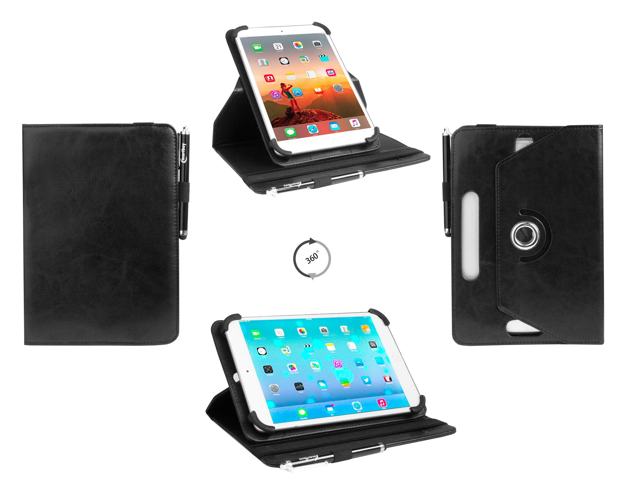 Emartbuy Universal 7 Inch - 8.8 Inch Black 360 Degree Rotating Stand Folio Wallet Case Cover Black Elastic Strap and Stylus Pen Compatible With Selected Devices Listed Below