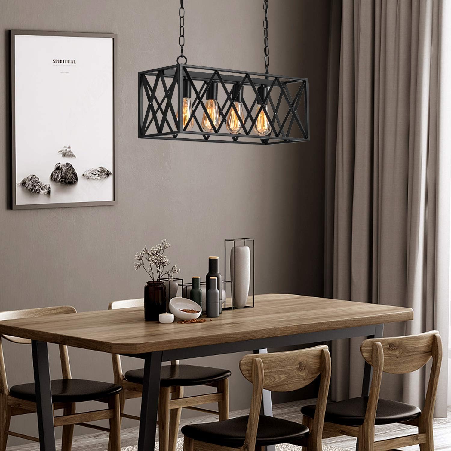 Industrial Kitchen Island Pendant Lighting, Pynsseu Rectangular Vintage Rustic 4-Light Hanging Pendant Light Fixtures for Kitchen Farmhouse, Bar, Dinning Room - - 