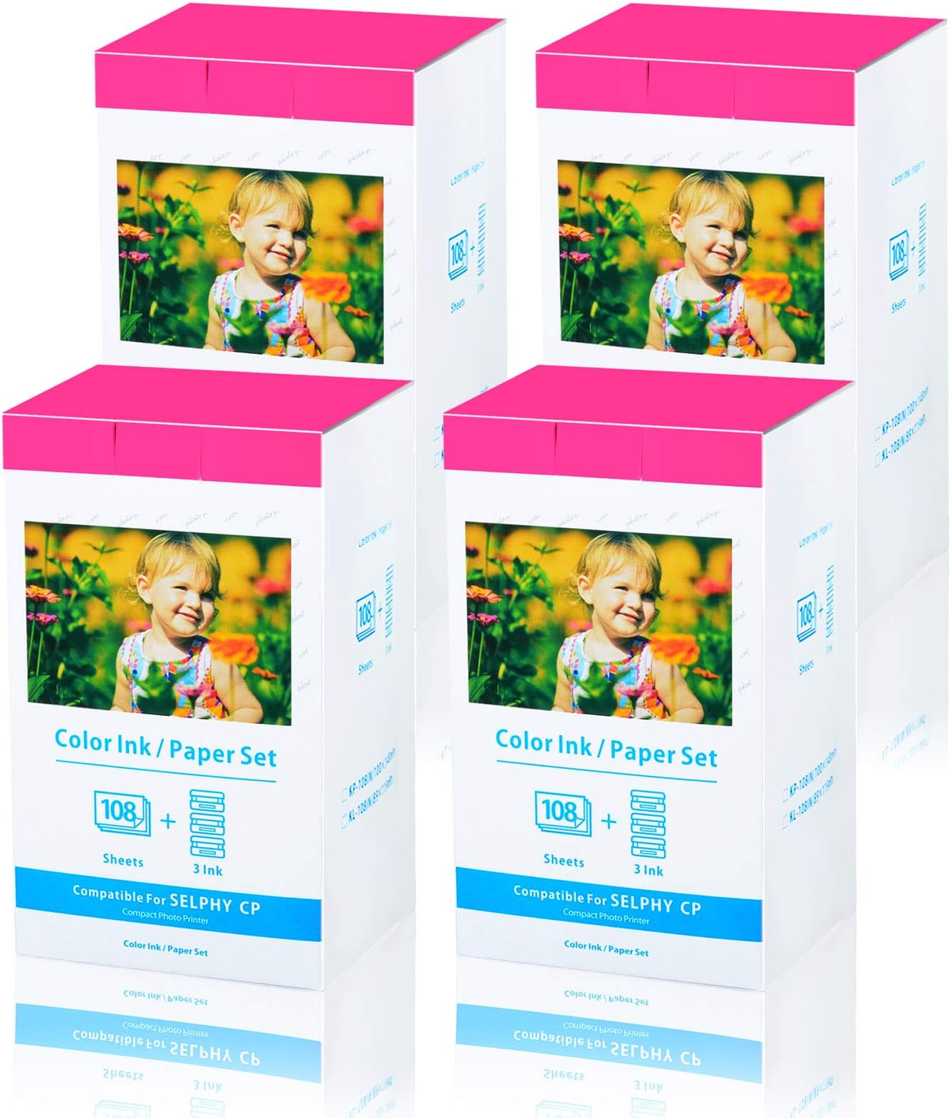 SuperInk 4 Set Compatible for Canon KP-108IN 3 Color Ink Cassette and 108 Sheets 4 x 6 inch Paper Glossy for SELPHY CP1300 CP1200 CP910 CP900 CP760 CP770 CP780 CP800 Wireless Compact Photo Printer