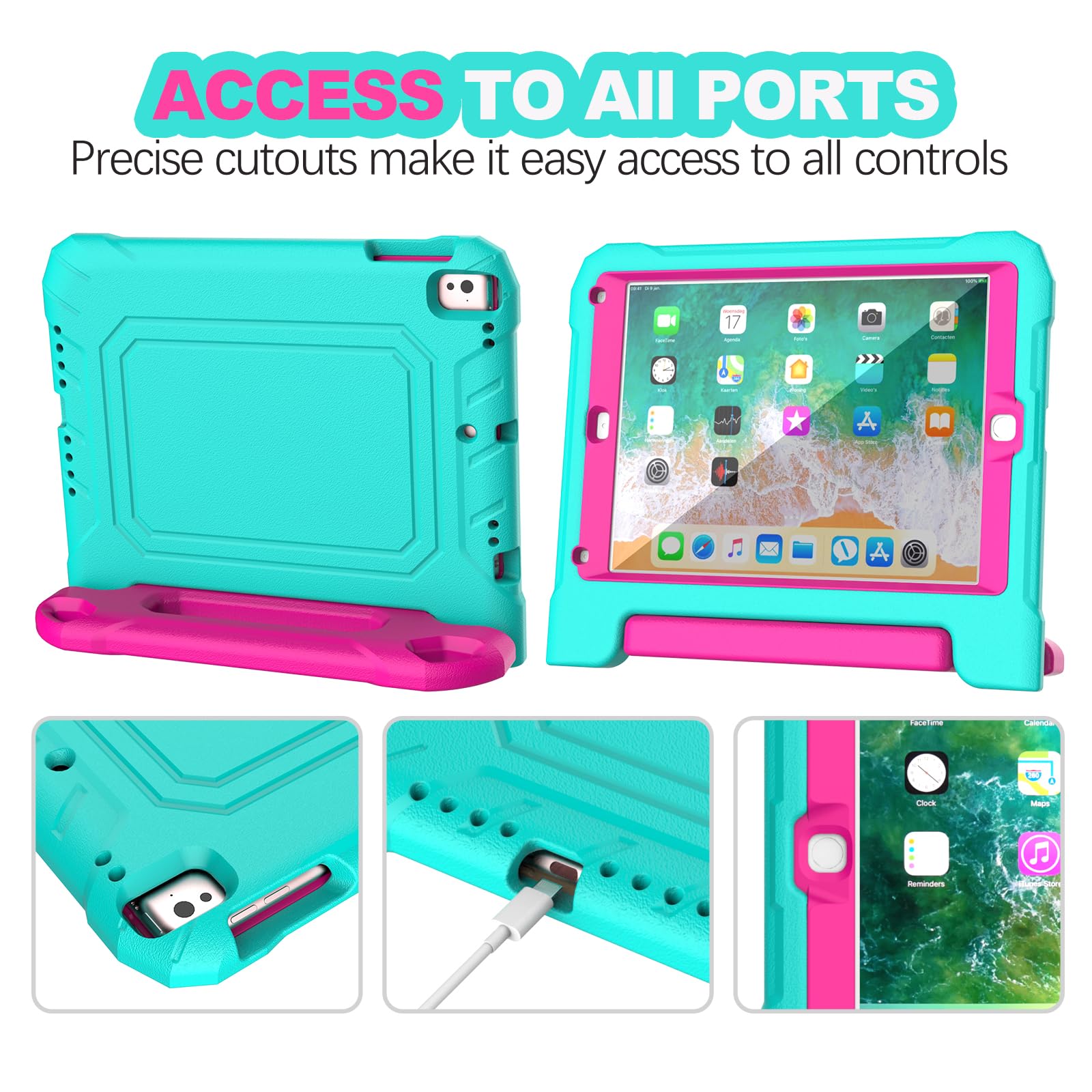 YIHE Kids Case for iPad 9.7 Inch with Screen Protector, Shockproof Handle Convertible Stand Case for iPad 9.7 6th/5th Generation 2018/2017, iPad Air 2/1& iPad Pro 9.7, Cyan&Pink