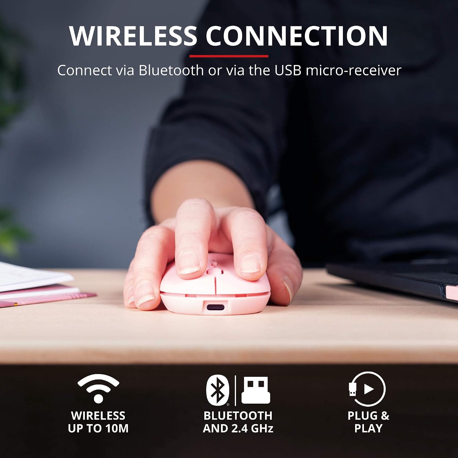Trust Puck Wireless Mouse, Bluetooth or 2.4 GHz with USB Mini-Receiver, Rechargeable Battery, Silent Clicks, DPI Button - Image 3