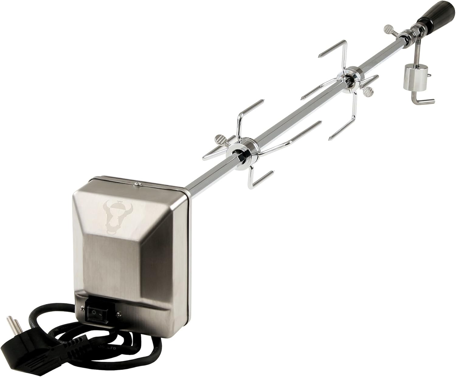 BBQ-Toro Universal Grillspieß Set I inkl. 2X Fleischnadeln, Lager, Ausgleichsgewicht und Motorhalterung I 220V - 240V Edelstahl Motor I Drehspieß für Gasgrill I Rotisserie (90 cm)