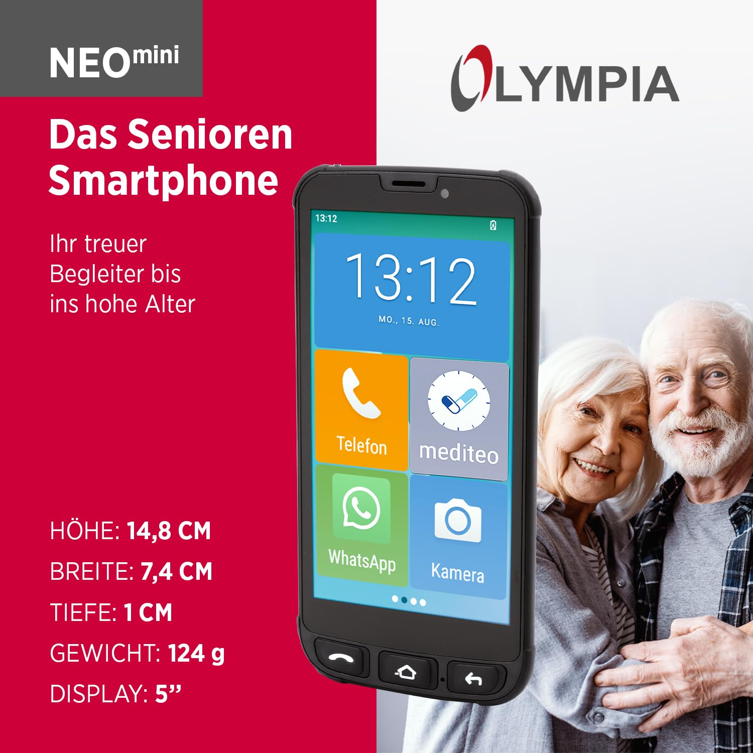 Olympia Neo Mini | Senioren Smartphone 5 Zoll Display | Notruftaste & Hörgerätekompatibel | Whatsapp & Mediteo vorinstalliert | Seniorenhandy ohne Vertrag | Extragroße Darstellung | Taschenlampe