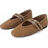 SOVANYOU Suede Mary Jane Flats for Women Perforated Round Toe Ballet Flats with Double Buckle Strap Breathable Mesh Ballerina Shoes