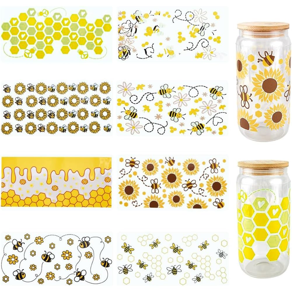 SOFPLATE 8Pcs 8 Styles Glass Cup Sticker Wrap UV DTF Cups Wraps Bulk Transparent Plastic Yellow Animals Bees Honey Comb Pattern Waterproof Decals Stickers for Tumblers Wood Decorations DIY Crafts
