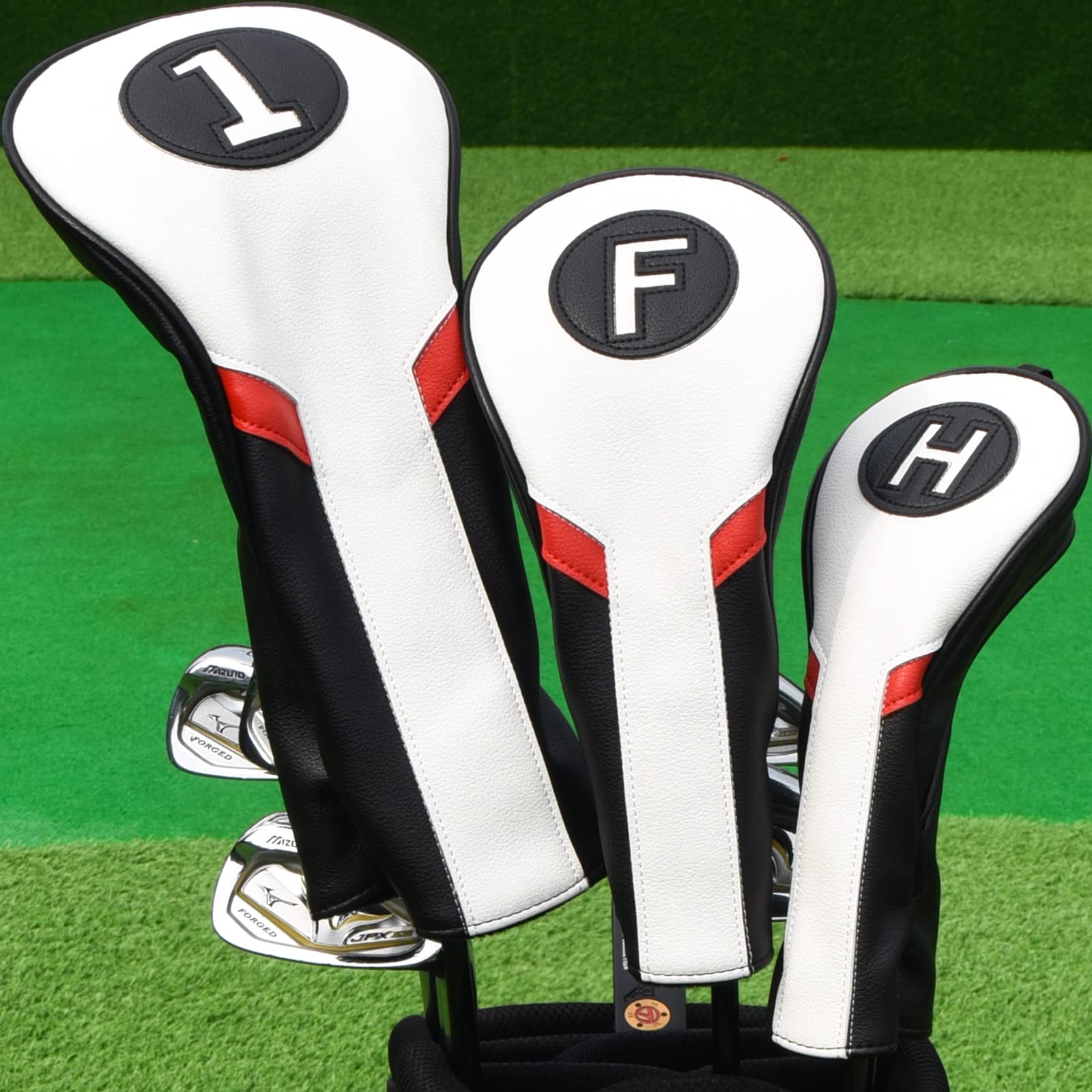 Golf Club Head covers Wood Set 3 PACKS 1FH DR FW UT for Driver Fairway Hybrid with No.Tag Elastic Closure White&Black&Red PU Leather โ image 1