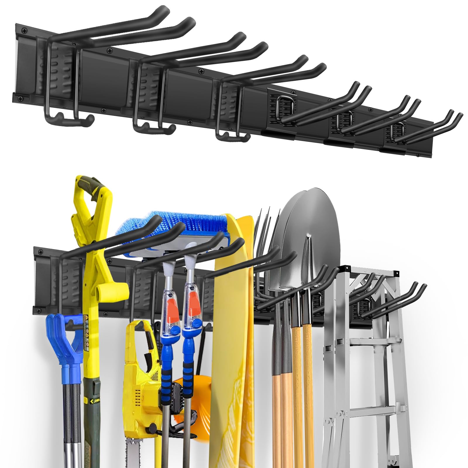 Photo 1 of WEZAFO Garden Tool Organizer Wall Mount, Heavy Duty 48 Inches Garage Organization and Storage Racks for Yard Tools with 6 Hooks, Tool Hangers Holders for Hanging Folding Chair, Rake and Shovel