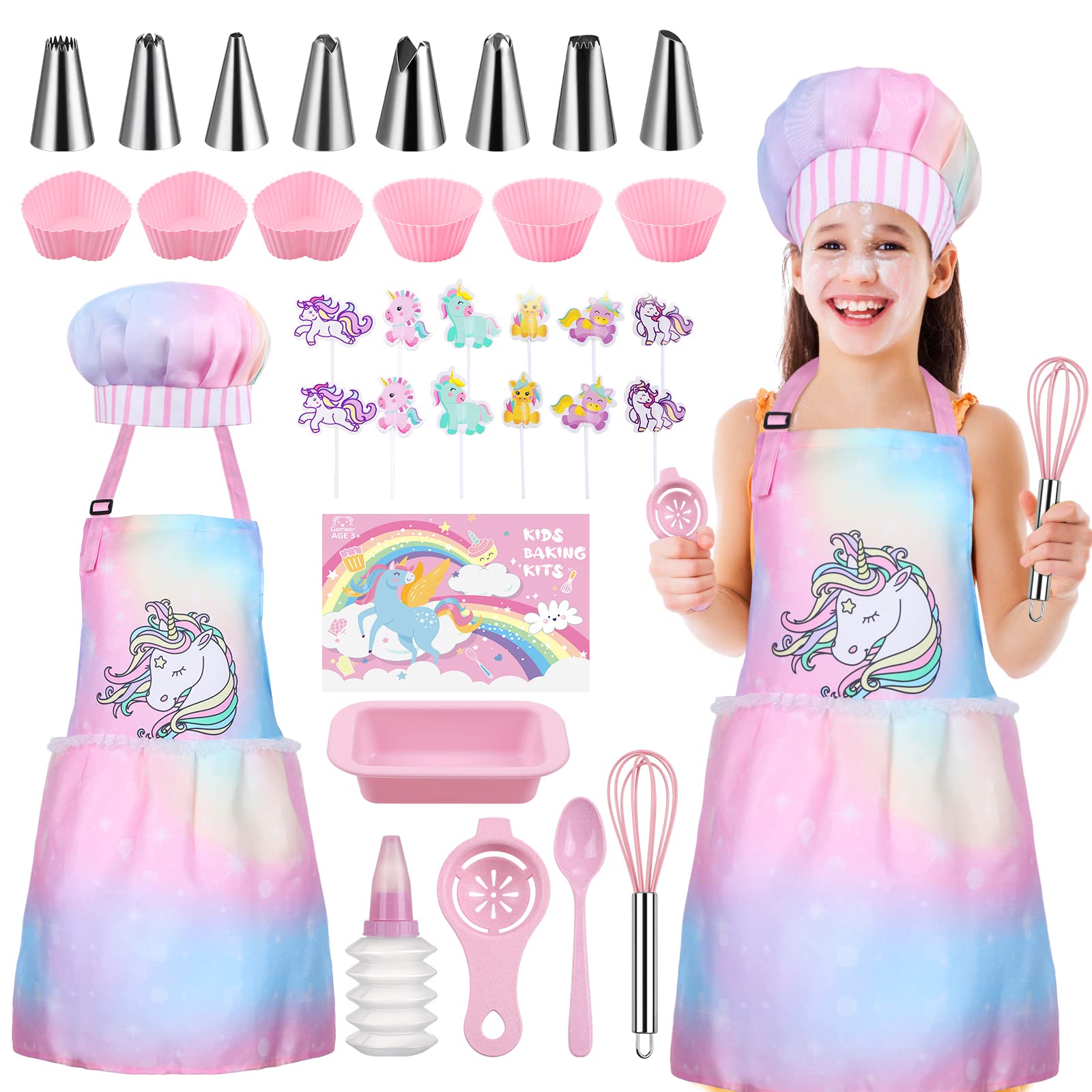 Gemeer Kids Baking Set 34 Pcst, Including Apron, Chef Hat,Gloves and Kids Cooking Set, Childrens Baking Set 3-7 Years