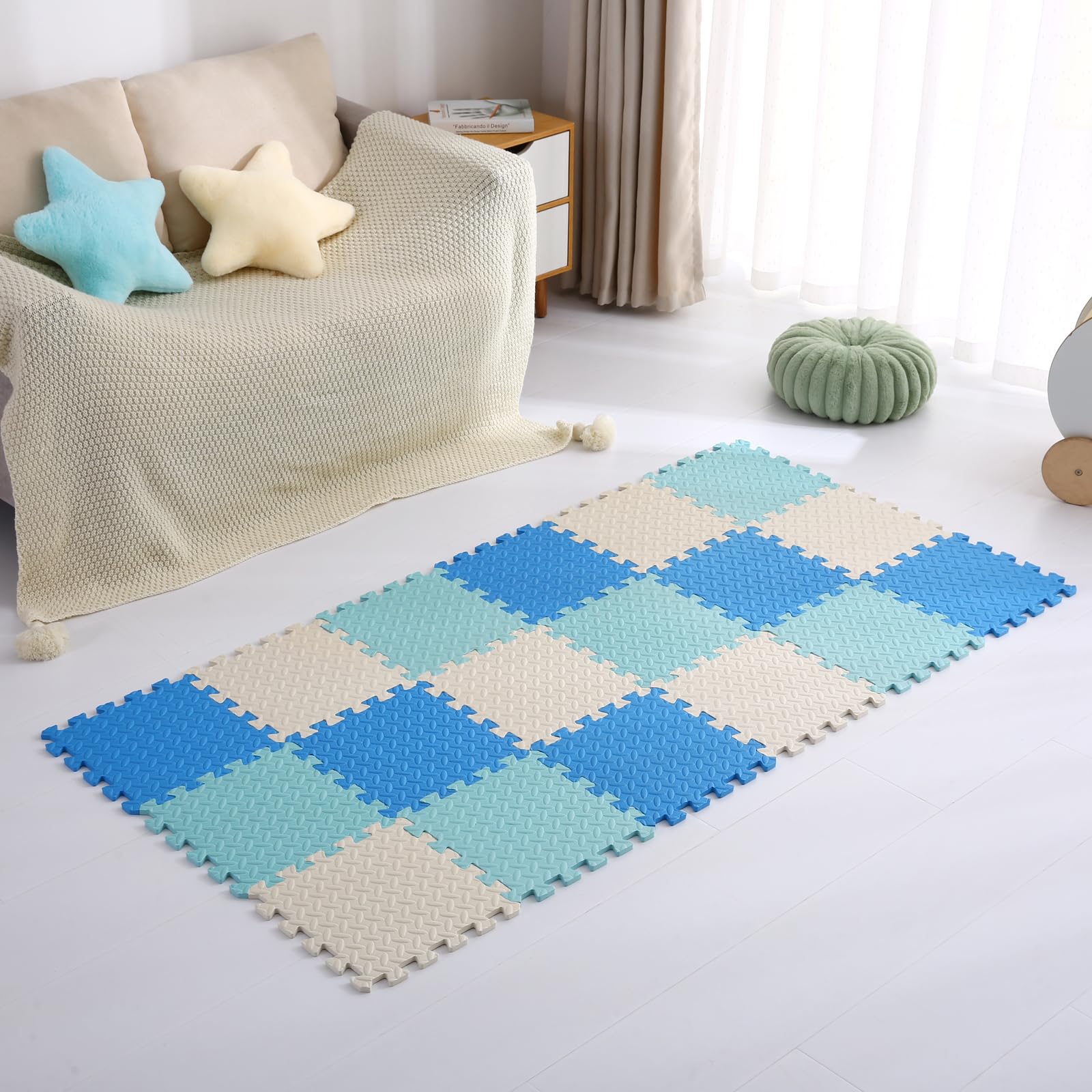 Photo 1 of Coolcandy 18 Tiles/Set Play Mat for Playpen, Soft Non-Toxic Baby Play Mat, Solid Colored Foam Play Mat for Babies 0-12 Months, 0.4-Inch-Thick Square Interlocking Floor Mats(White,Light Blue,Blue)