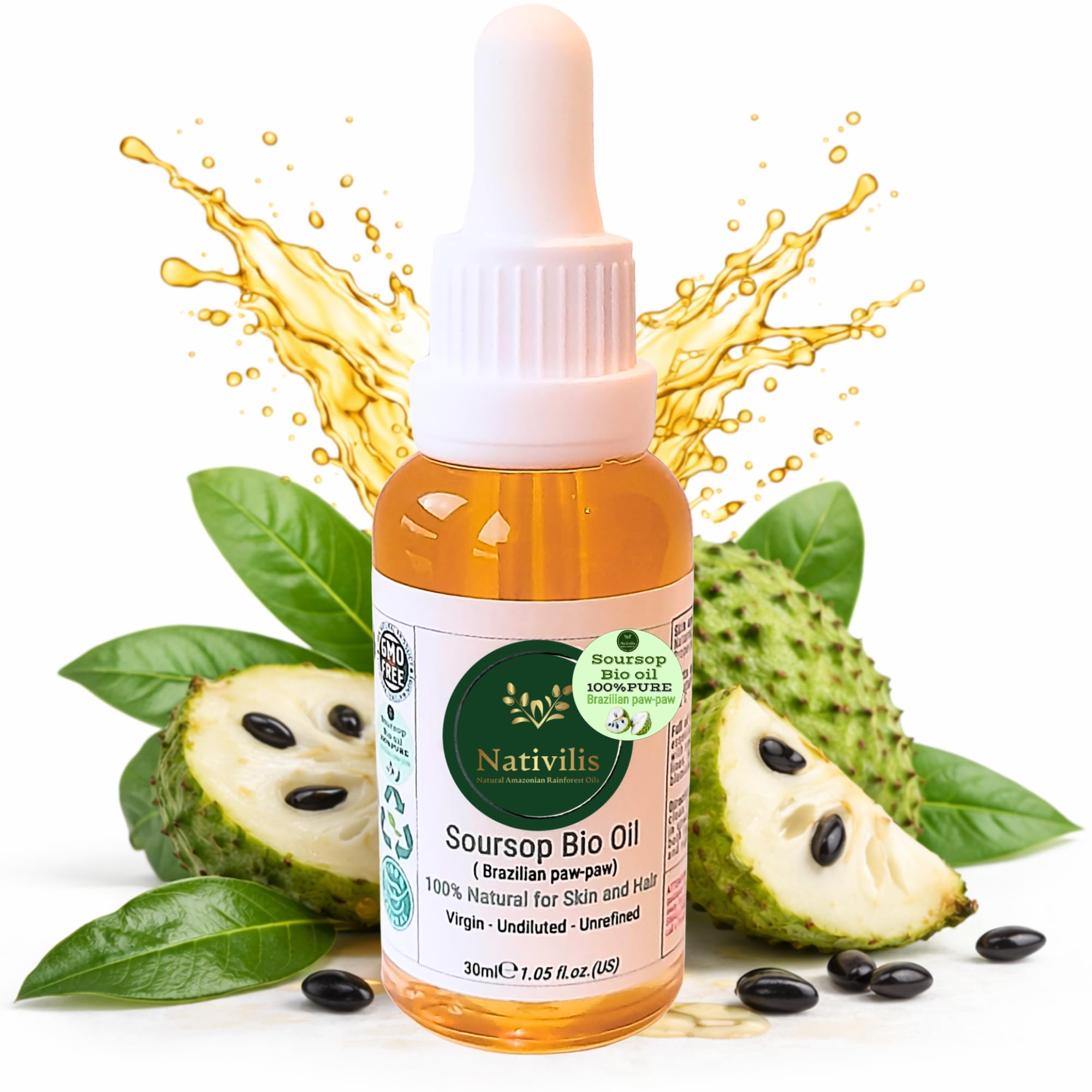 Nativilis Soursop Bio Oil, 30ml, 100% Natural Virgin Unrefined Brazilian Paw-Paw Oil for Skin and Hair