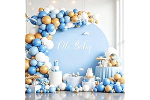 Gallety 7.2FT Baby Blue Round Backdrop Cover with Size Adjuster & 4 Metal Clips, Universal Fit for 5ft-7.2ft Circle Stand, Po