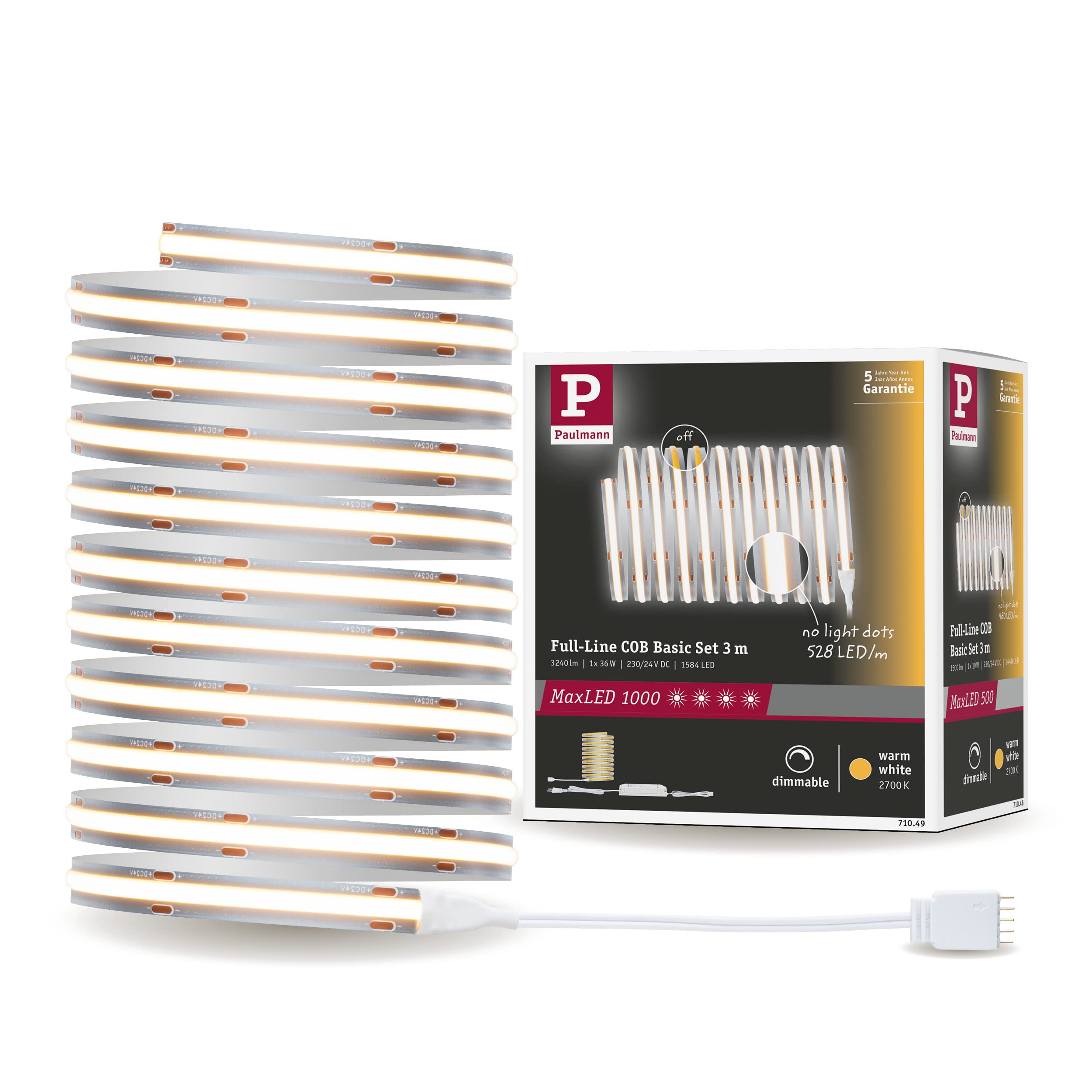 Paulmann 71049 MaxLED 1000 LED Strip Full-Line COB Komplettset 3m 36W 3240lm 528LEDs/m 2700K 50VA dimmbar Silber Kunststoff