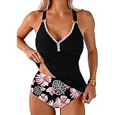 Aleumdr Tankini Swimsuits for Women 2 Piece Tummy Control Bathing Suit V Neck Tankini Top with High Waisted Bottom