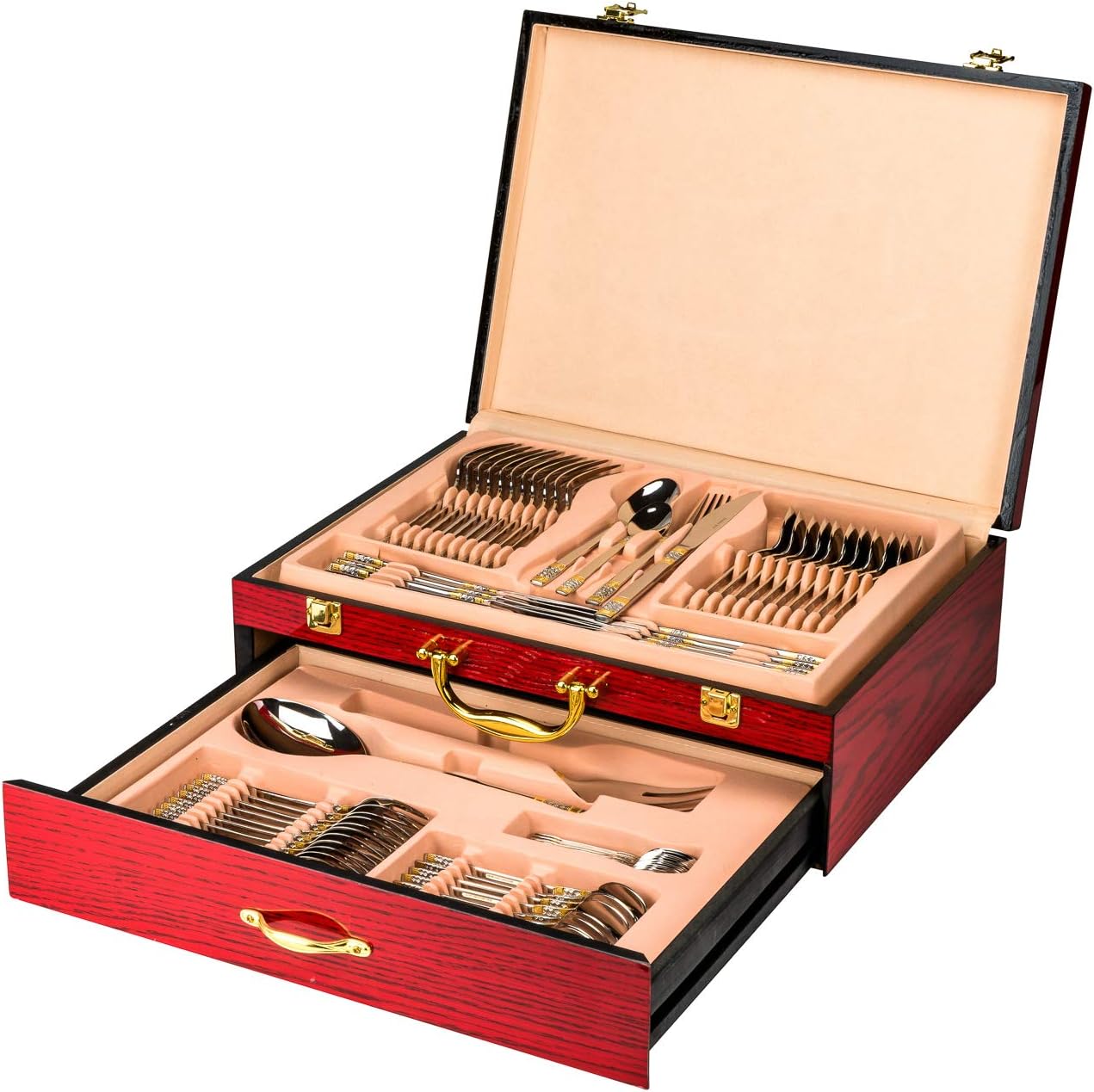 Venezia Collection Flatware Chest holds up to 75 Pieces of Silverware Forks Knives Spoons, Deluxe 2-Drawer Storage Box Case w/High Gloss Finish, Gold-plated Handle & Latches