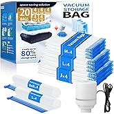 20 Pack Vacuum Storage Bags with Electric Pump, Compression Space Saver Vacuum Seal Bags 4 Jumbo/4 Large/4 Medium/4 Small/4 Roll Up Bags for Clothing Travel Comforters Blankets Pillows Bedding Duvets