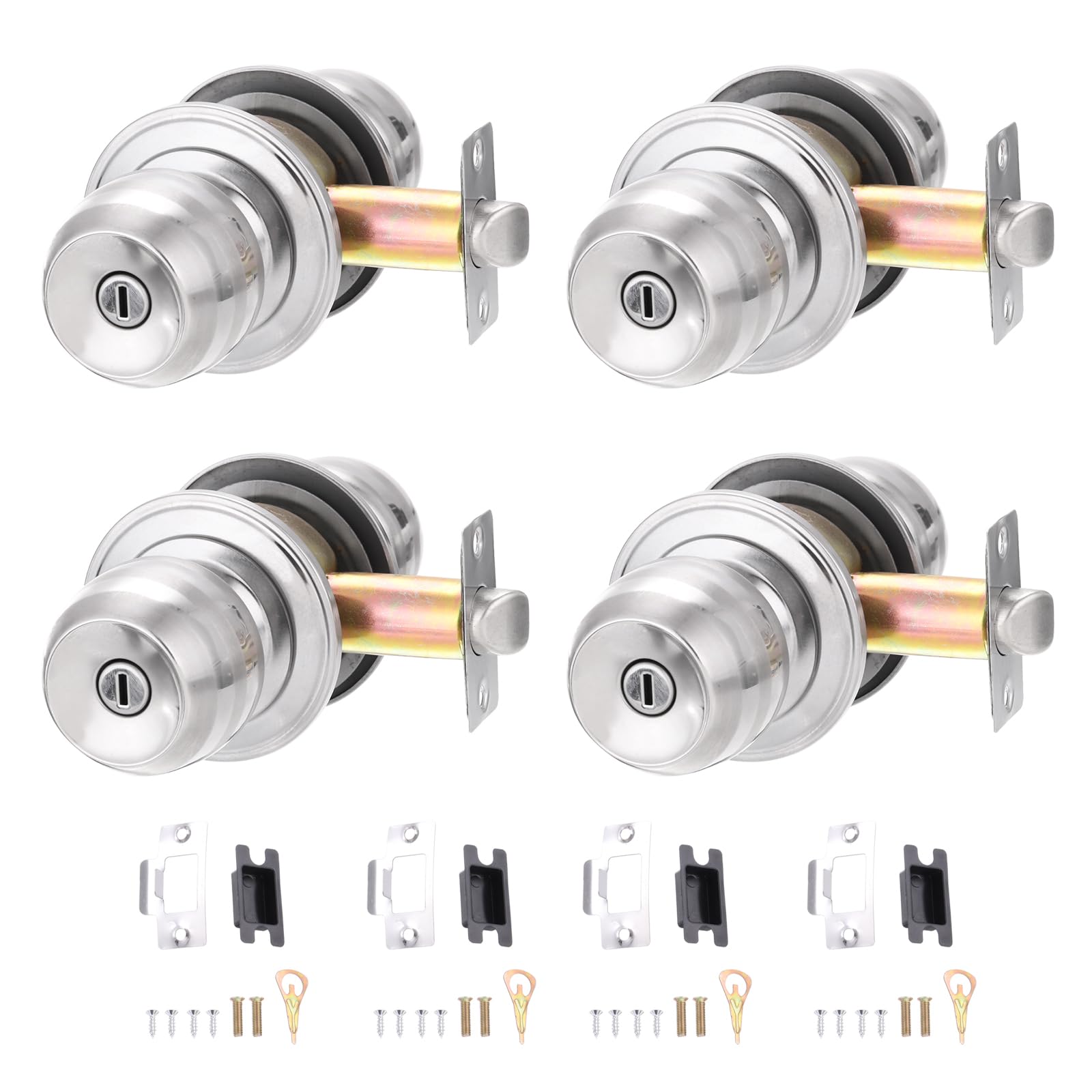 PATIKIL Privacy Keyless Door Knobs Interior 70mm/2.8inch, 4 Pack Round Stainless Steel Bedroom Bathroom Door Knob with Lock Entry Indoor Outdoor Door, Silver