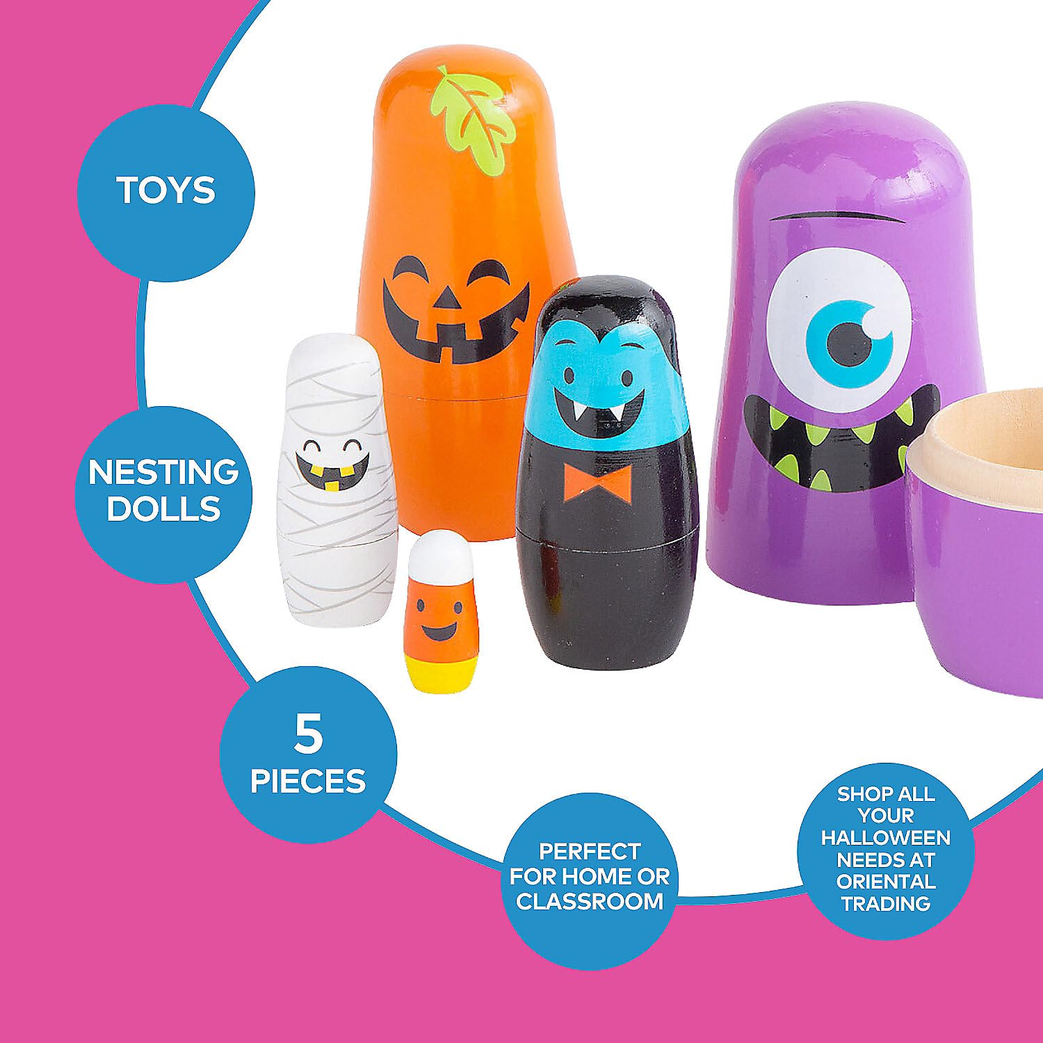 Fun Express Halloween Nesting Dolls - Russian Matryoshka Style Wooden Stacking Dolls Set of 5 | Kids Halloween Decor & Educational Nesting Toys for Toddlers 1-3 | Small Dolls for Girls & Boys Gift