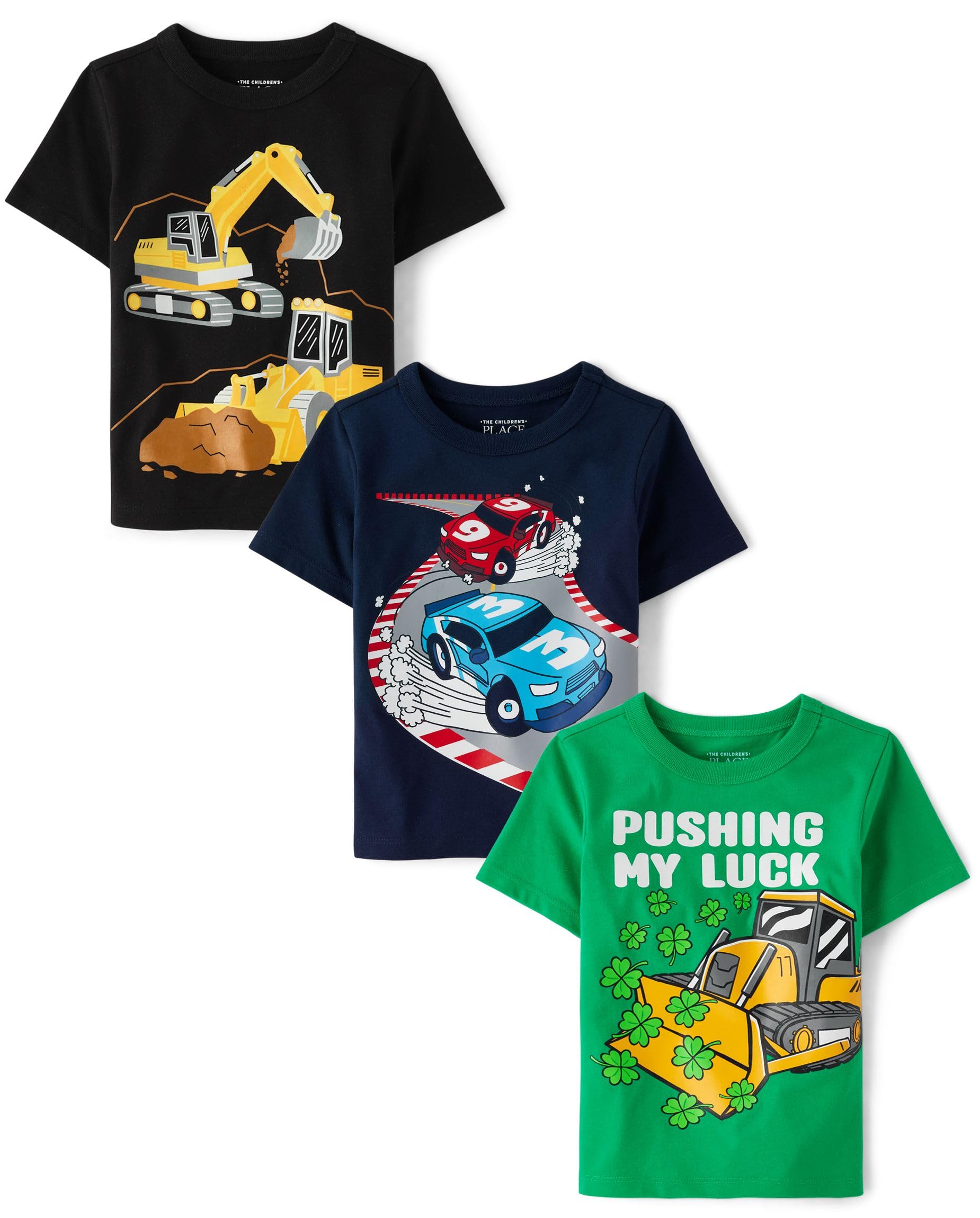 Photo 1 of 3T - The Children's Place,Baby-Boys,and Toddler Vehicle Short Sleeve Graphic T-Shirts,multipacks,Excavator/My Luck/Race Cars 3-Pack,3T