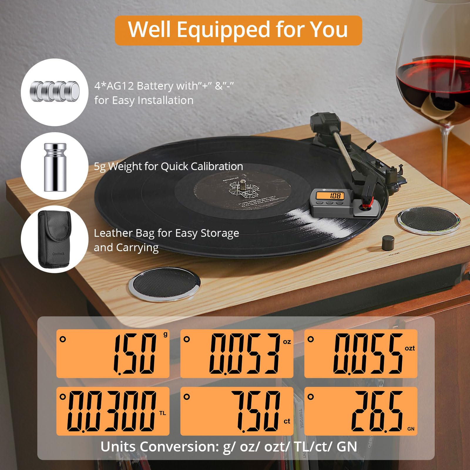 Neoteck Digital Turntable Stylus Force Scale Gauge 0.01g/5.00g Orange LCD Backlight for Tonearm Phono Cartridge-Silver Grey