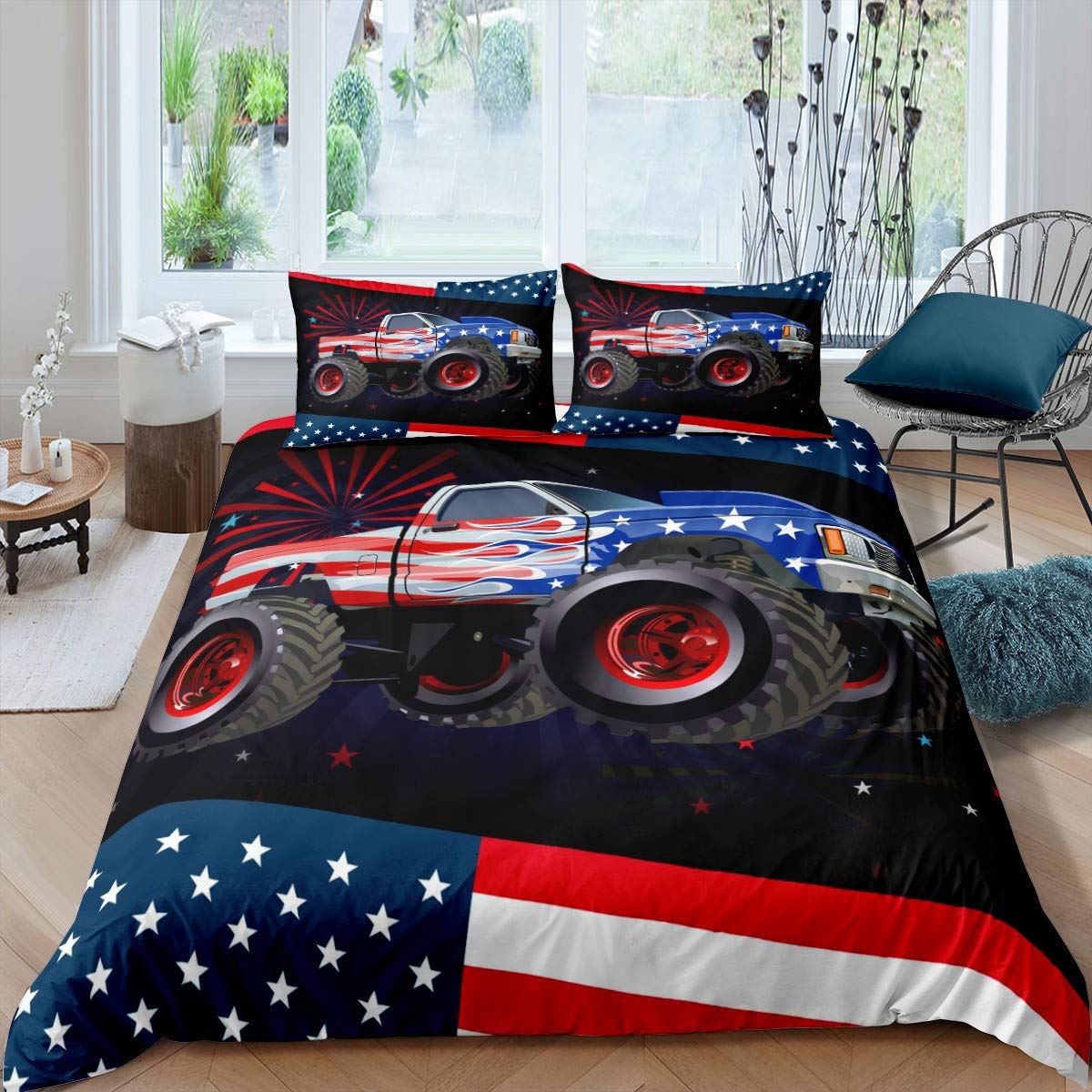 Cartoon Truck Bedding Set for Girls Boys Children American Flag Stars Comforter Cover Decorative Extreme Sports Theme Cool Car Duvet Cover Red Blue Black Bedspread Cover Double Size 3Pcs