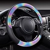 CAR-GRAND Chameleon Iridescent Reflective PU Leather Steering Wheel Cover,15Inch Universal Fit for 95% Suvs,Sedans,Vans,Trucks for Unique Cute Women Lady Girly(Black Colorful Color Change) Multicolor