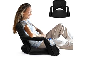 IDOTA Stadium Seats for Bleachers with Upgraded Armrests and Strong Back Support, Bleacher Seats with Extra Wide Cushion, 6.6LBS Lightweight, 6 Reclining Positions, Floor Chair for Indoor Outdoor (Black)