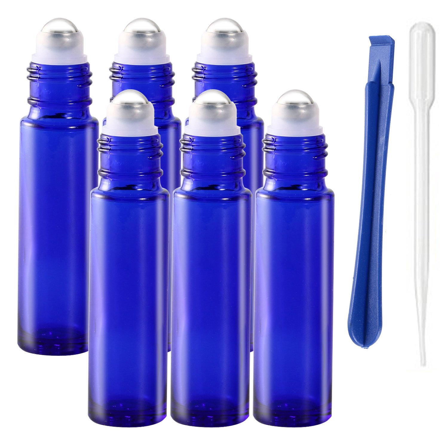 6Pcs, 10ml Cobalt Blue Glass Roller on Bottles with Stainless Steel Roller Ball - Refillable Essential Oil Roller Bottles with Lid Opener Pry Tool & 1 dropper,for Aromatherapy, by JamHooDirect