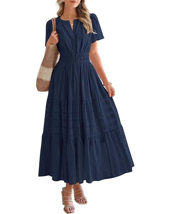 BTFBM Womens Summer 2026 Casual Maxi Dresses Lightweight Short Sleeve Dress | V Neck Elastic Waist A Line Long Dress,Boho Beach Vacation Outfits,Weddi
