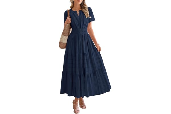 BTFBM Womens Summer 2026 Casual Maxi Dresses Lightweight Short Sleeve Dress | V Neck Elastic Waist A Line Long Dress,Boho Bea