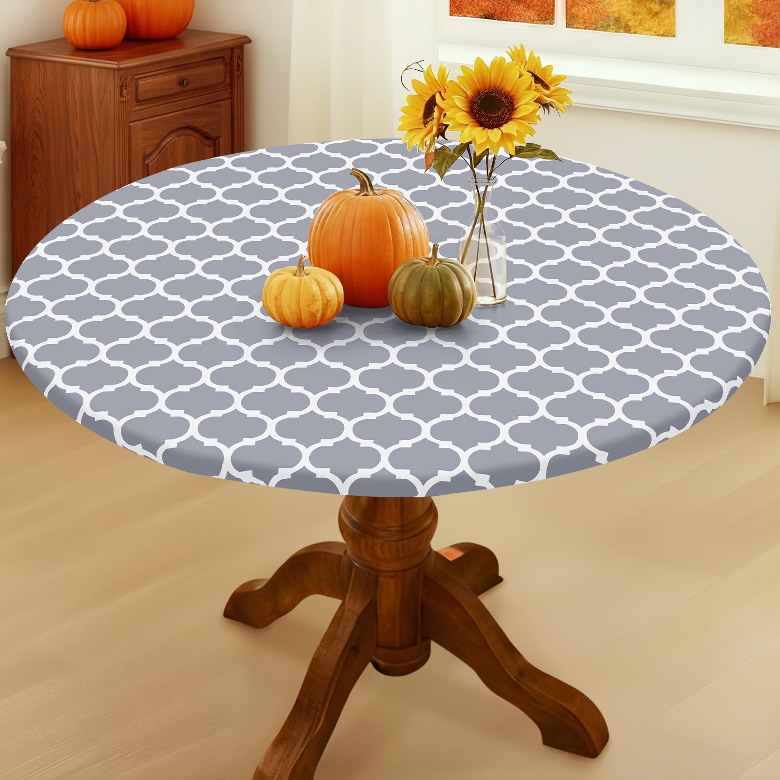 Photo 1 of Smiry Round Picnic Tablecloth, Waterproof Elastic Fitted Table Covers for 36" - 44" Tables, Wipeable Flannel Backed Vinyl Tablecloths for Camping, Indoor, Outdoor, Grey & White
