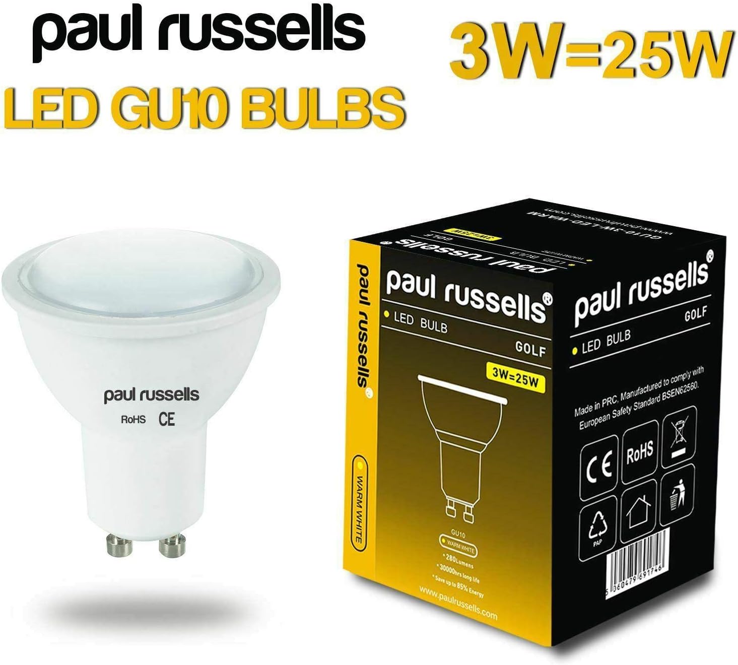 paul russells LED Bulb GU10, 235 lumens, 3W(Equivalent to 25W), Warm White 2700K, Non Dimmable, Pack of 3 - Image 3