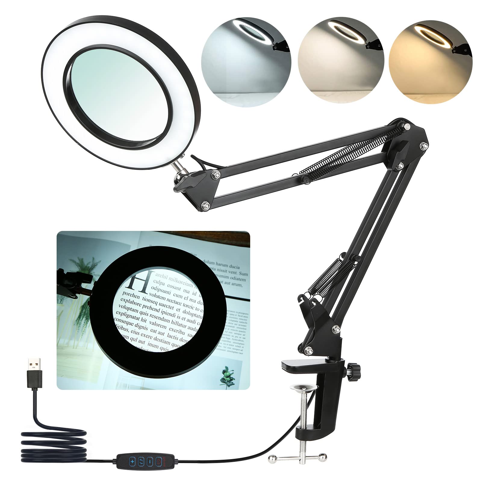 Neoglint Magnifying Lamp With Clamp, 8X Magnifier With 3 Colors & 10 Brightness Dimmable LED Light, 19 Inch Adjustable Swivel Arm Craft Light