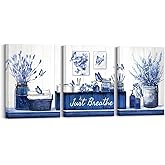 RnnJoile Navy Blue Bathroom Decor Botanical Butterflies Wall Art Just Breathe Sign Canvas Painting for Home Bathroom Decorations 12"x16" Each