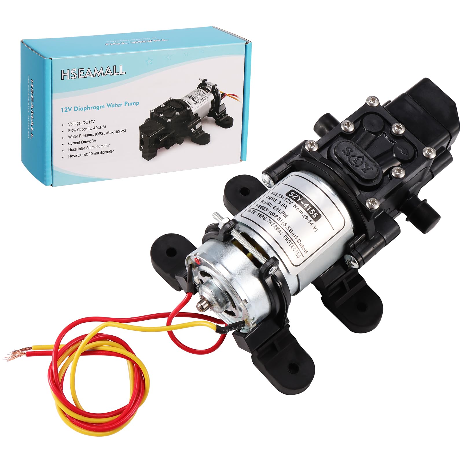 HSEAMALL Water Pump,DC 12V Diaphragm Water Pump High Pressure Self Priming Electric Sprayer Pump with Pressure Switch 100PSI 4L/Min for RV Caravan Boat Cleaning Washing and Garden Watering