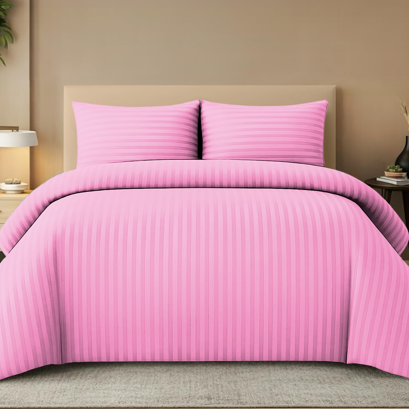 Pamposh Satin Stripe Double Duvet Set - Premium Hotel Quality Quilt Cover Bedding Sets - Hypoallergenic Ultra Soft Microfiber Bed Linen
