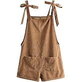 OYOANGLE Women's Strap Tie Knot Shoulder Pocket Front Romper Corduroy Overall Shorts Jumpsuit