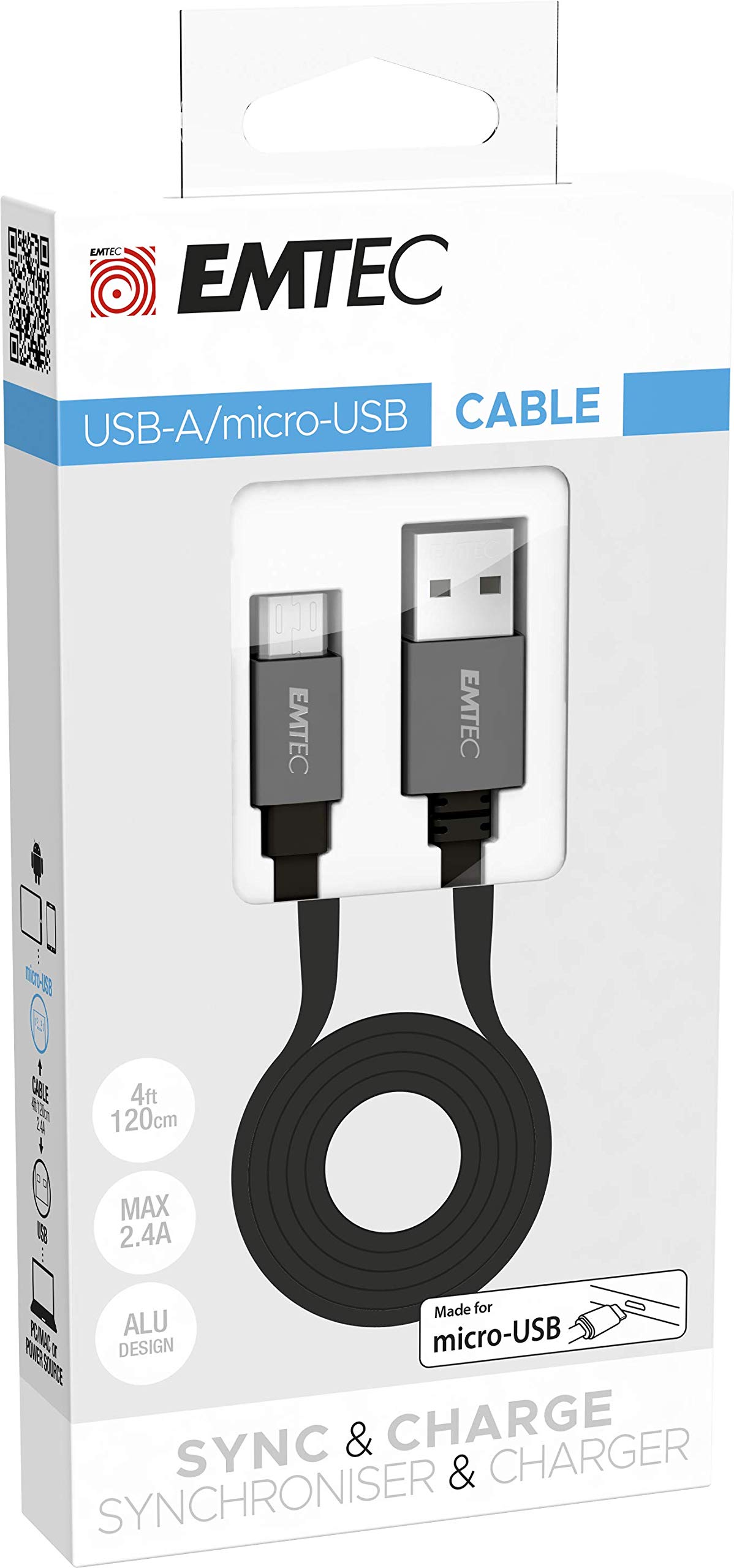 Emtec Cable T700 Dual USB-A/Micro for Smartphone and Tablet Flat Cable of 120 cm