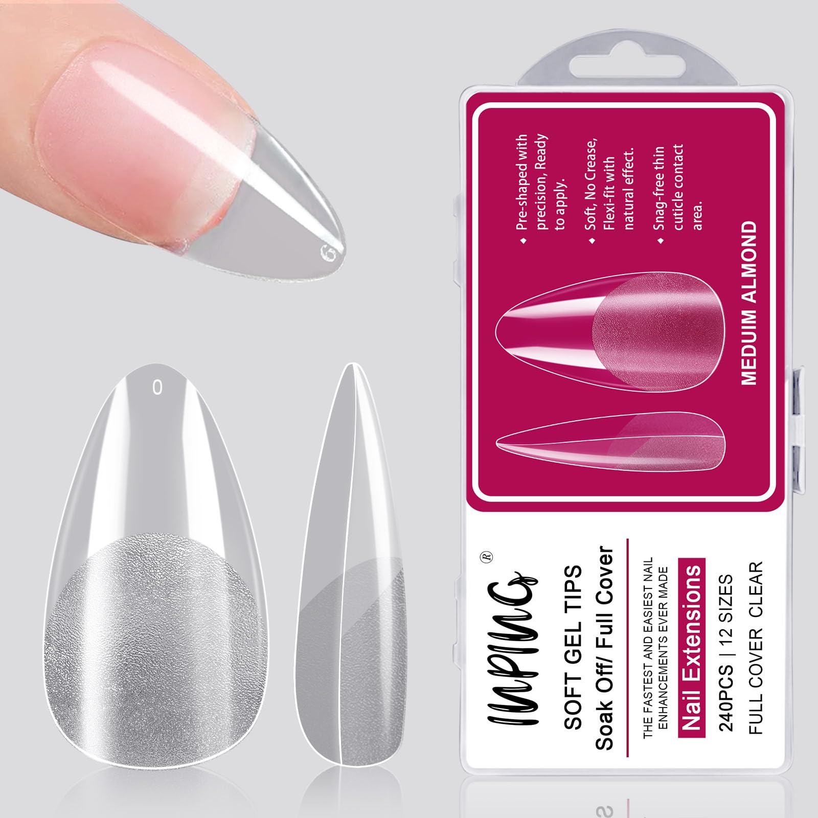 INPING Soft Gel Full Cover Nail Tips, 240PCS Medium Almond Clear Pre-Buff Break Resistant Acrylic False Half Full Cover Nail Tips Extensions for Women Home DIY Manicure Nail Salons, 12 SIZES — image 1