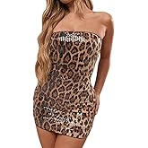 Women's Y2k Leopard Print Tube Mini Dress Sparkle Sequin Sexy Strapless Backless Bodycon Dresses Party Rave Outfits