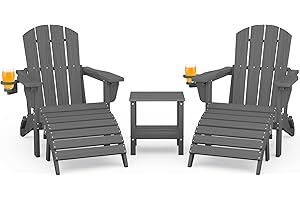 SERWALL 5-Piece Folding Adirondack Chair and Ottoman and Table Set, HDPE Adjustable Adirondack Chairs Set, Grey