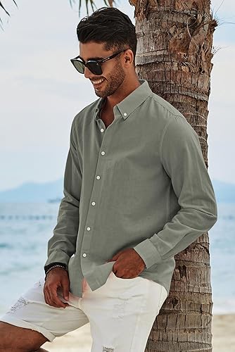 JMIERR Mens Cotton Linen Casual Stylish Button-Down Shirt Long