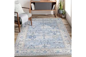 Adiva Rugs Machine Washable 5x7 Area Rug with Non Slip Backing for Living Room, Bedroom, Bathroom, Kitchen, Printed Vintage Home Decor, Floor Decoration Carpet Mat (Blue, 5' x 7')